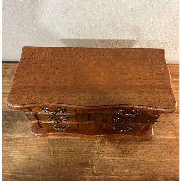 Vintage Wooden Jewelry Box Chest with Mirror 3 Drawers Felt Lined Ring Storage - Picture 8 of 16